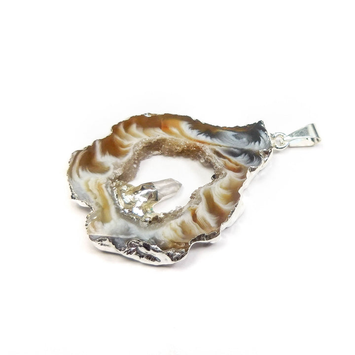 Oco Geode Druzy Pendant with Quartz Crystal (Silver Plated Edges) Necklace Charm