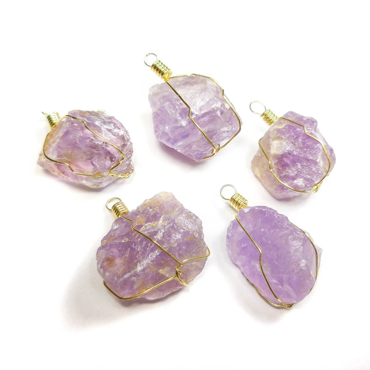 Bulk Wholesale Lot Of 5 Pieces Wire Wrapped Amethyst Crystal Pendant Gold Necklace Charm Bead Jewelry Supply