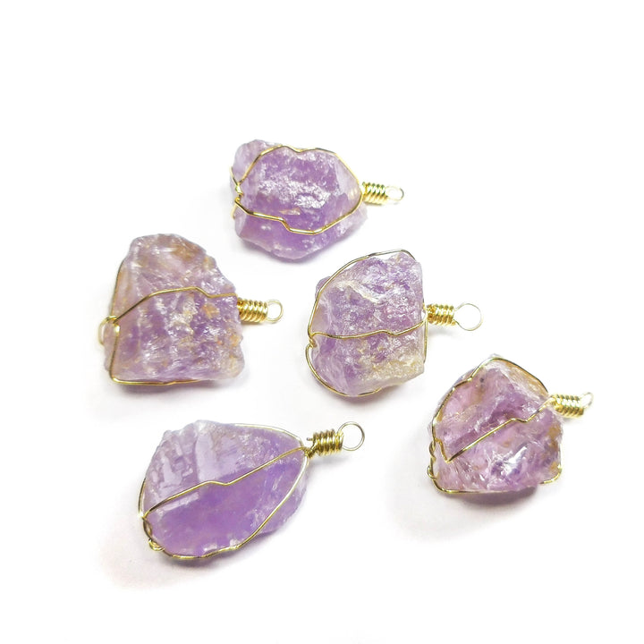 Bulk Wholesale Lot Of 5 Pieces Wire Wrapped Amethyst Crystal Pendant Gold Necklace Charm Bead Jewelry Supply