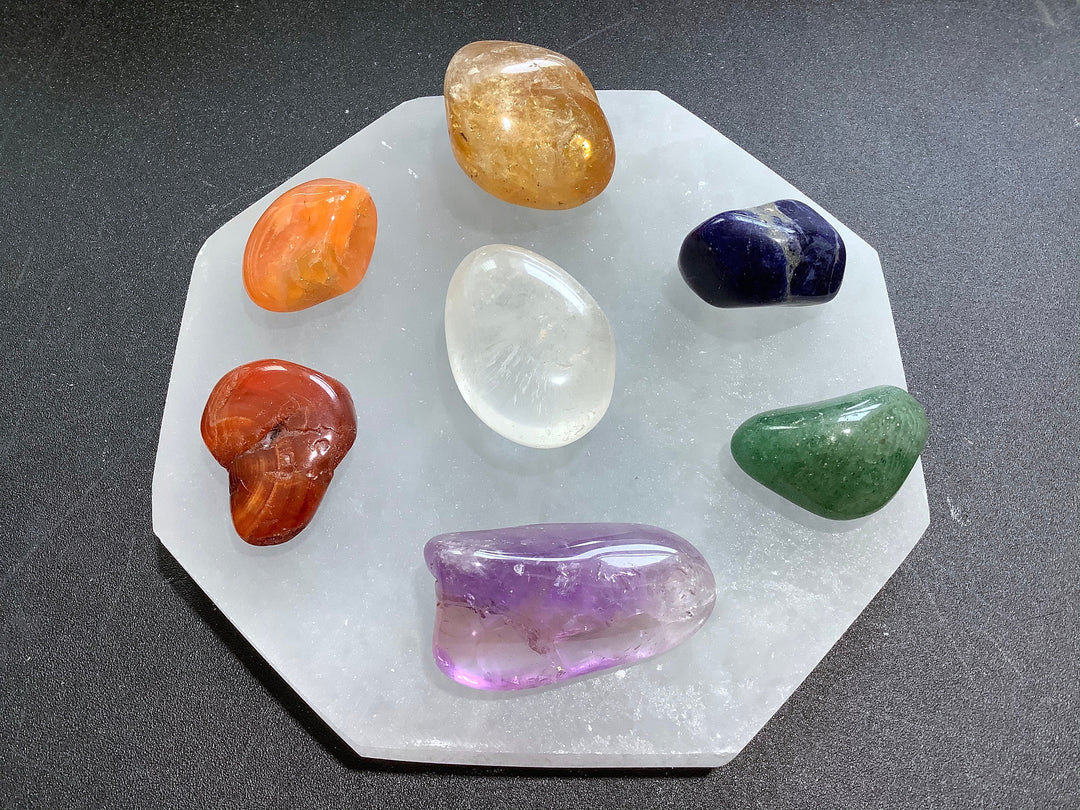 7 Chakra Tumbled Stone Set with Selenite Octagon Charging Plate Reiki Crystal Collection Healing Crystals and Stones