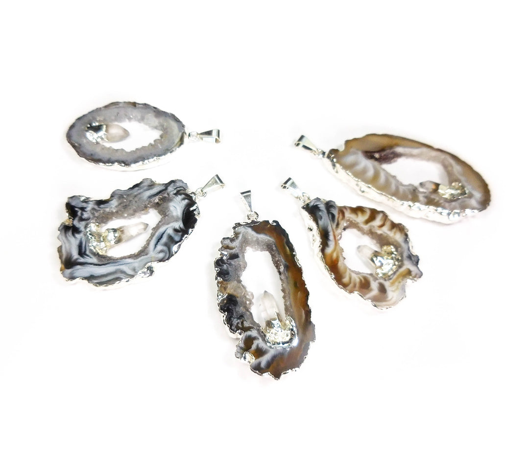 Oco Geode Druzy Pendant with Quartz Crystal (5 pcs)(Silver Edges) Wholesale Jewelry Lot Naural Healing Crystals And Stones