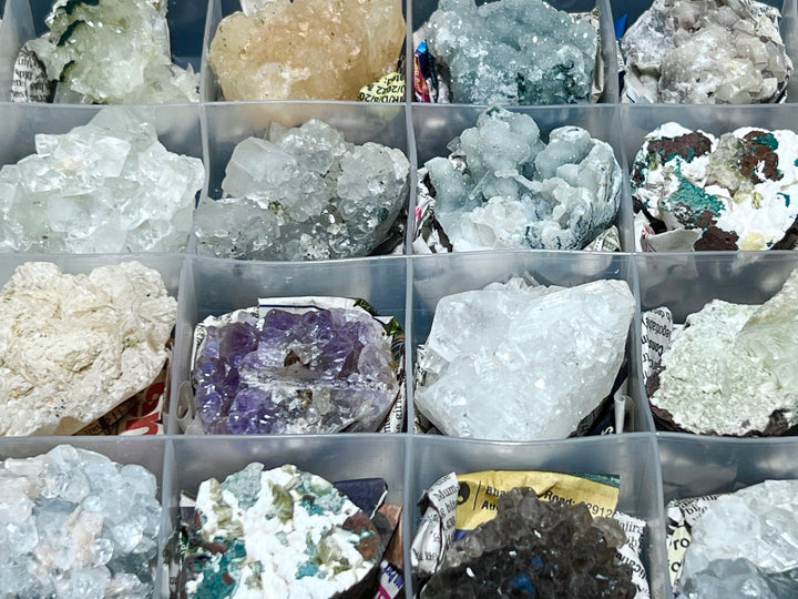 Zeolite Crystal Collection (24 Pc Flat) Rough Raw Natural Gemstones Crystals Apophyillite Stilbite Amethyst Thomsonite