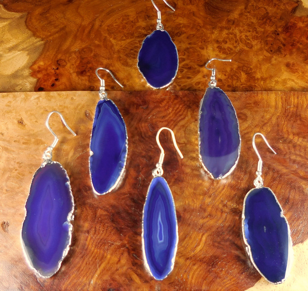 Purple Agate Slice Earrings Silver Plated Edges w/ Stainless Steel Hooks