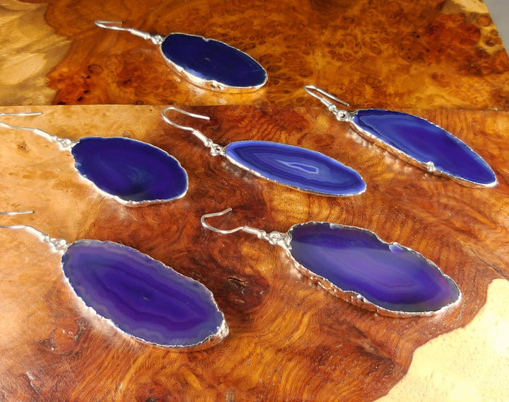 Purple Agate Slice Earrings Silver Plated Edges w/ Stainless Steel Hooks