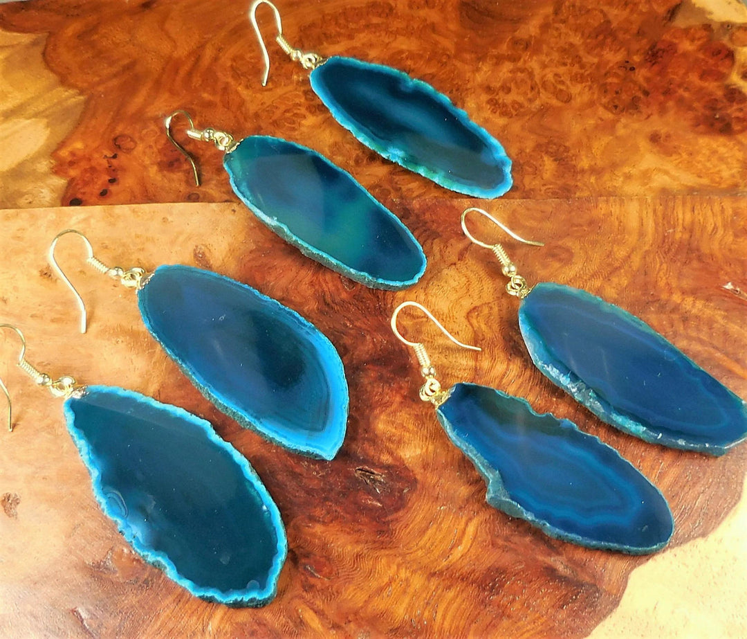 Teal Agate Slice Earrings Pair Raw Crystal Gold Hooks Gemstone Jewelry Healing Crystals And Stones