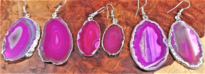 Pink Agate Slice Earrings - Polished Crystal Slab Earring Set - Silver Hooks