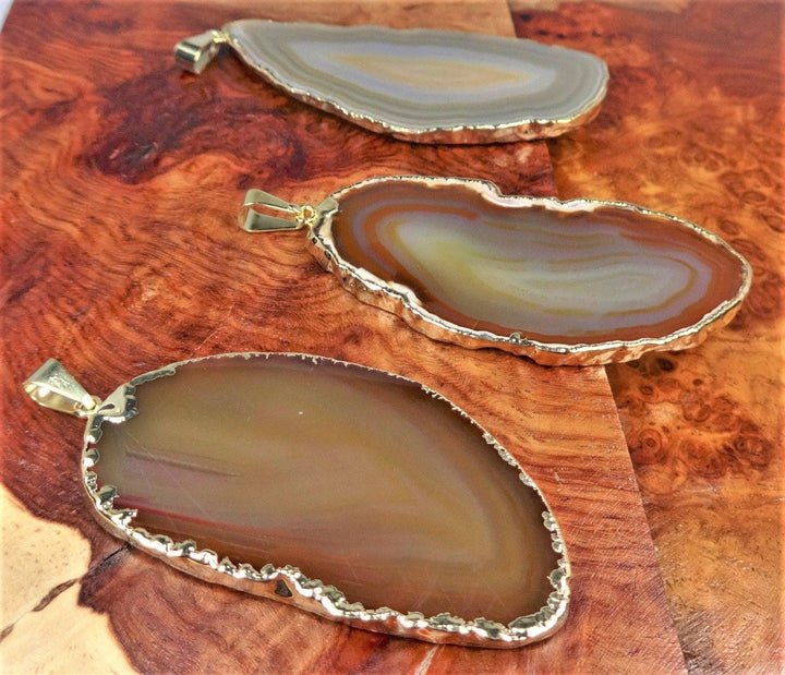 Beige Brown Agate Slice Pendant Gold Plated Necklace Charm Healing Crystals And Stones