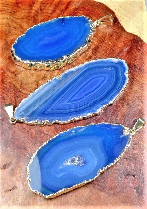 Blue Agate Slice Crystal Pendant Gold Plated Necklace Charm Healing Crystals And Stones