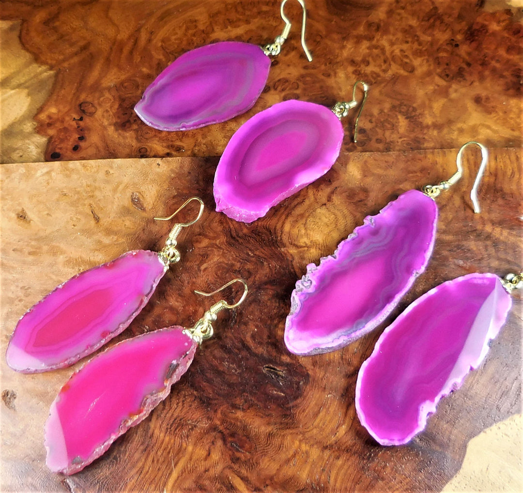 Pink Agate Slice Earrings Gold Hooks