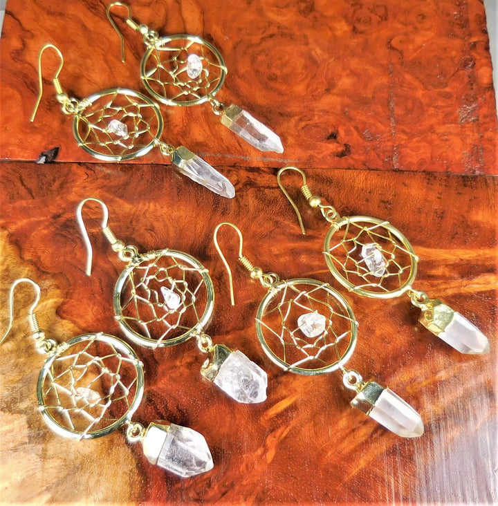 Dreamcatcher Earrings Clear Quartz Crystal Point Gold Hooks Jewelry Healing Crystals And Stones