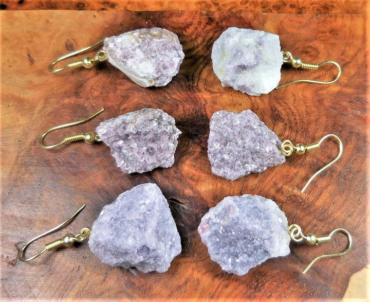 Lepidolite Crystal Earrings Pair (Gold Stainless Steel Hooks) Rough Raw Crystal Jewelry