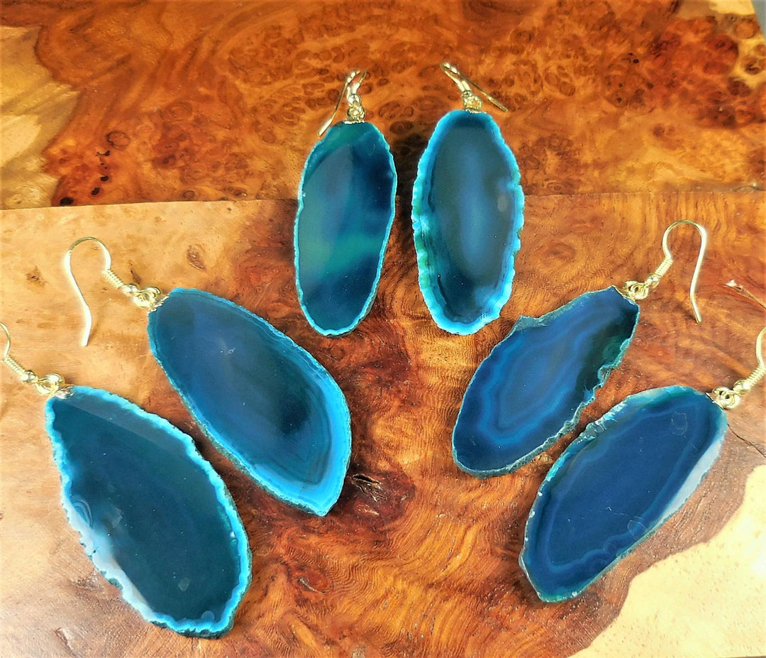 Teal Agate Slice Earrings Pair Raw Crystal Gold Hooks Gemstone Jewelry Healing Crystals And Stones
