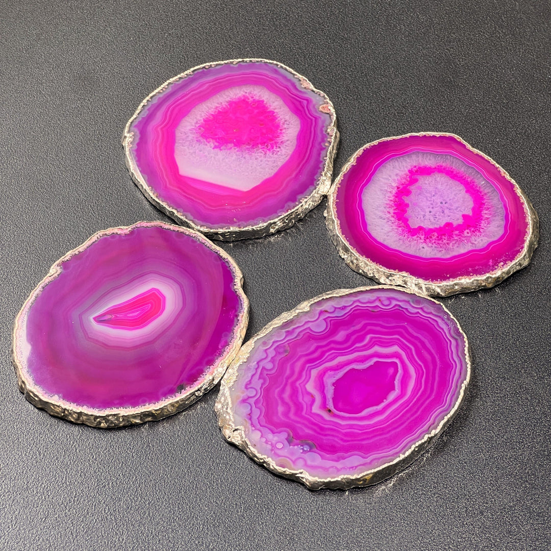 Pink Agate Slice Coasters Silver Dipped Plated (3 to 3.5 Inches)