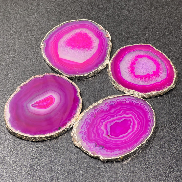 Pink Agate Slice Coasters Silver Dipped Plated (3 to 3.5 Inches)