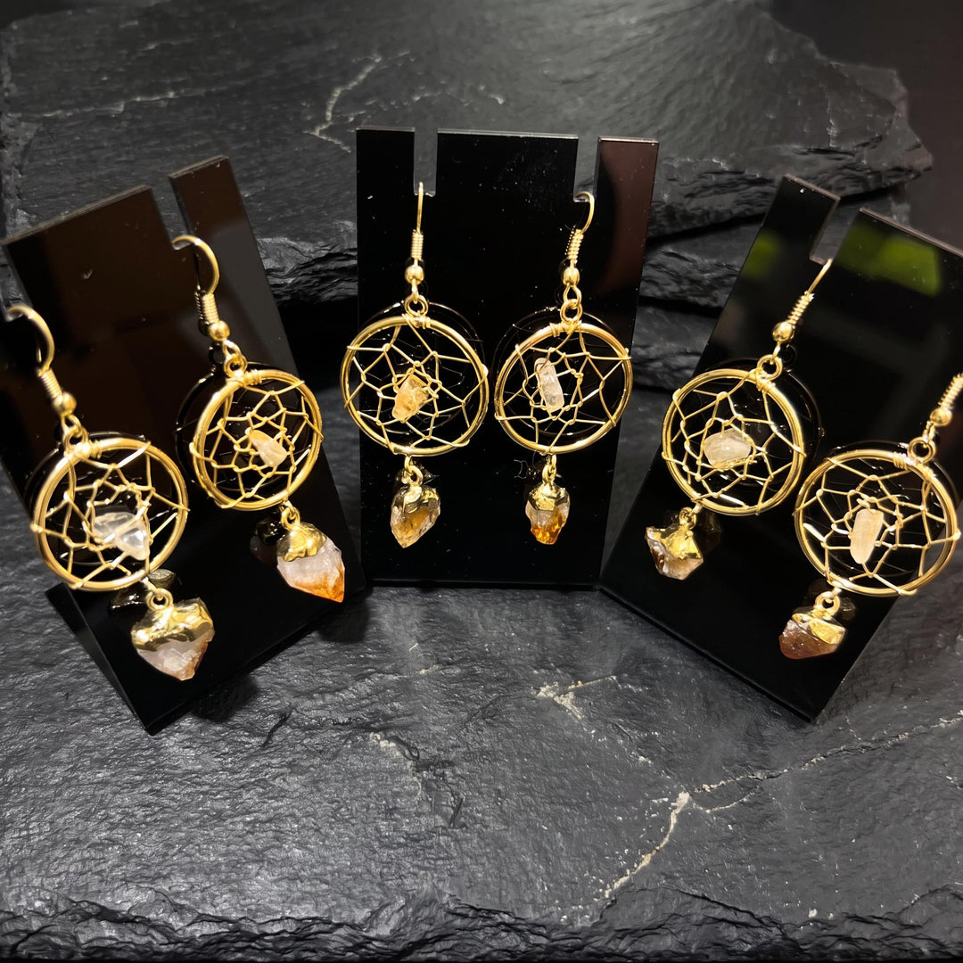 DreamCatcher Earrings Pair (Citrine Crystal)(Gold Plated)(Stainless Steel Hooks)