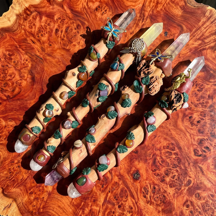 Long Crystal Point Wand Staff Wood Stick Branch Decor Carving