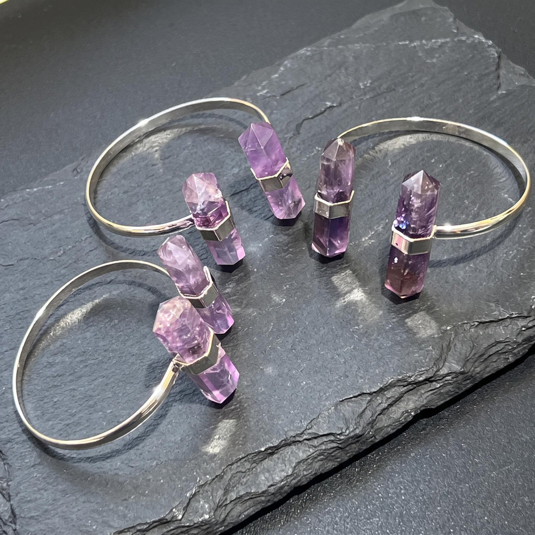 Amethyst Crystal Point Adjustable Cuff Bangle Bracelet (Silver Electroplated)