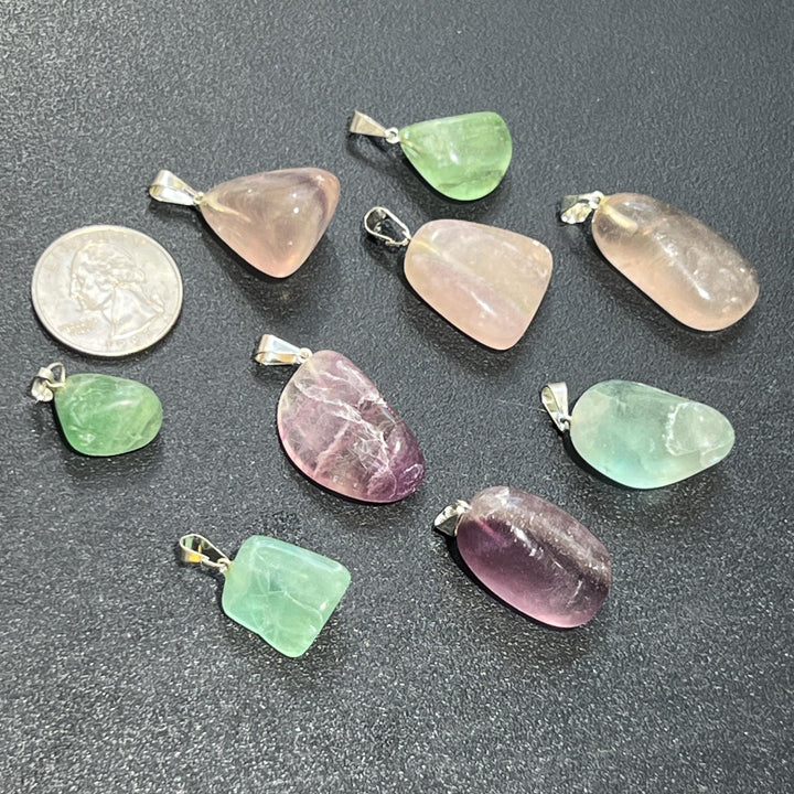 Petite Fluorite Crystal Pendant (Silver Bail) Gemstone Jewelry Supply Beads Charm Healing Crystals And Stones