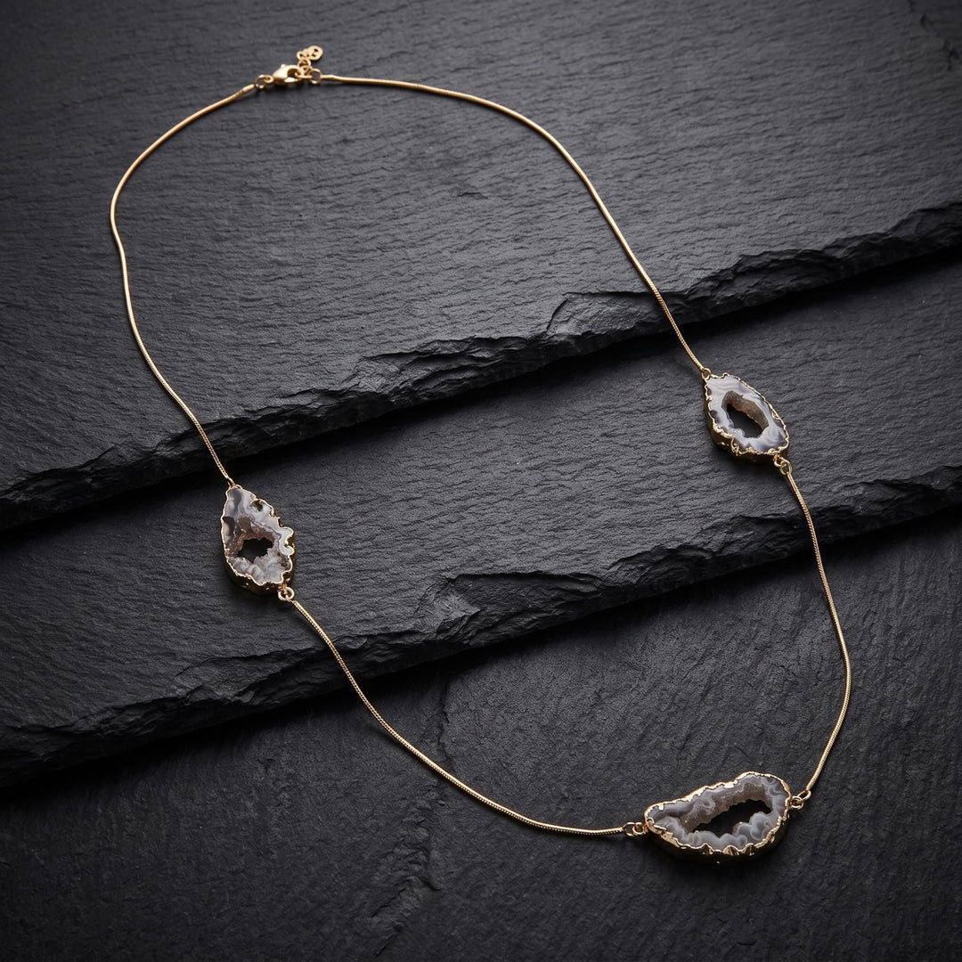 Oco Geode Druzy Crystal Long 35 Inch Necklace with Pendant (Gold Plated Snake Chain)
