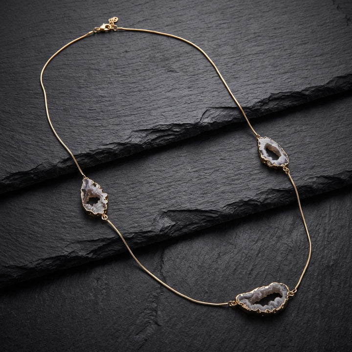 Oco Geode Druzy Crystal Long 35 Inch Necklace with Pendant (Gold Plated Snake Chain)