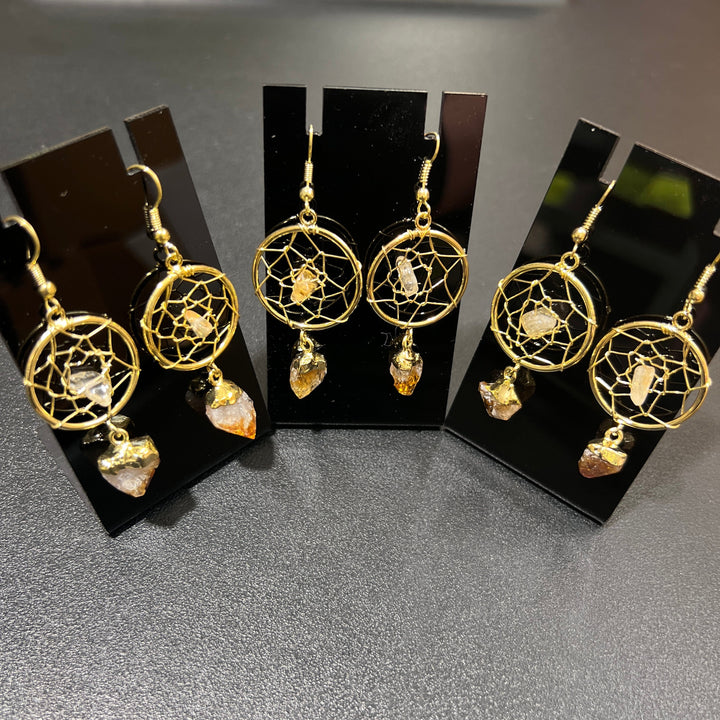 DreamCatcher Earrings Pair (Citrine Crystal)(Gold Plated)(Stainless Steel Hooks)
