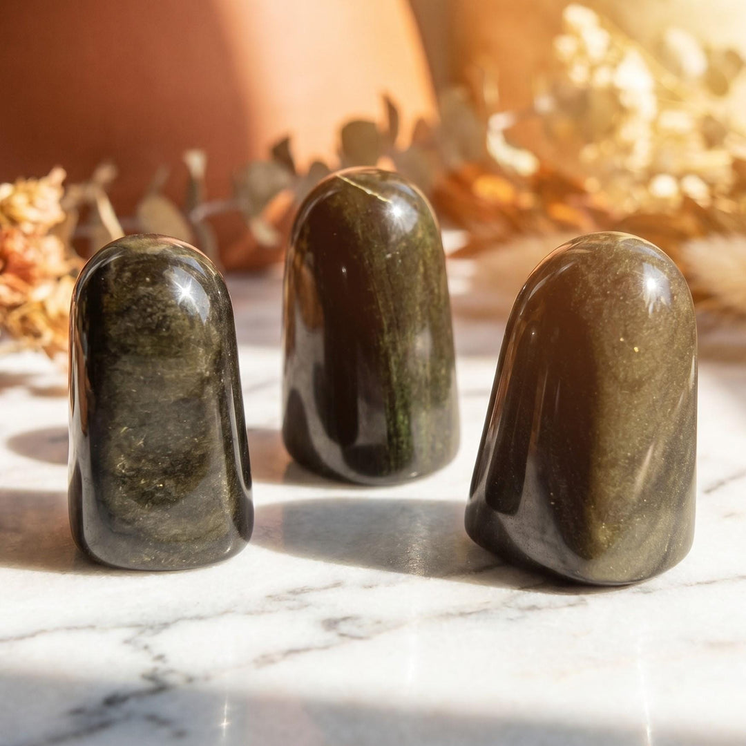 Gold and Silver Sheen Black Obsidian Freeform Standing Tower Carving
