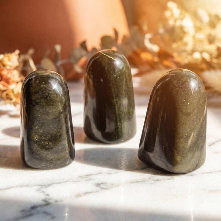 Gold and Silver Sheen Black Obsidian Freeform Standing Tower Carving