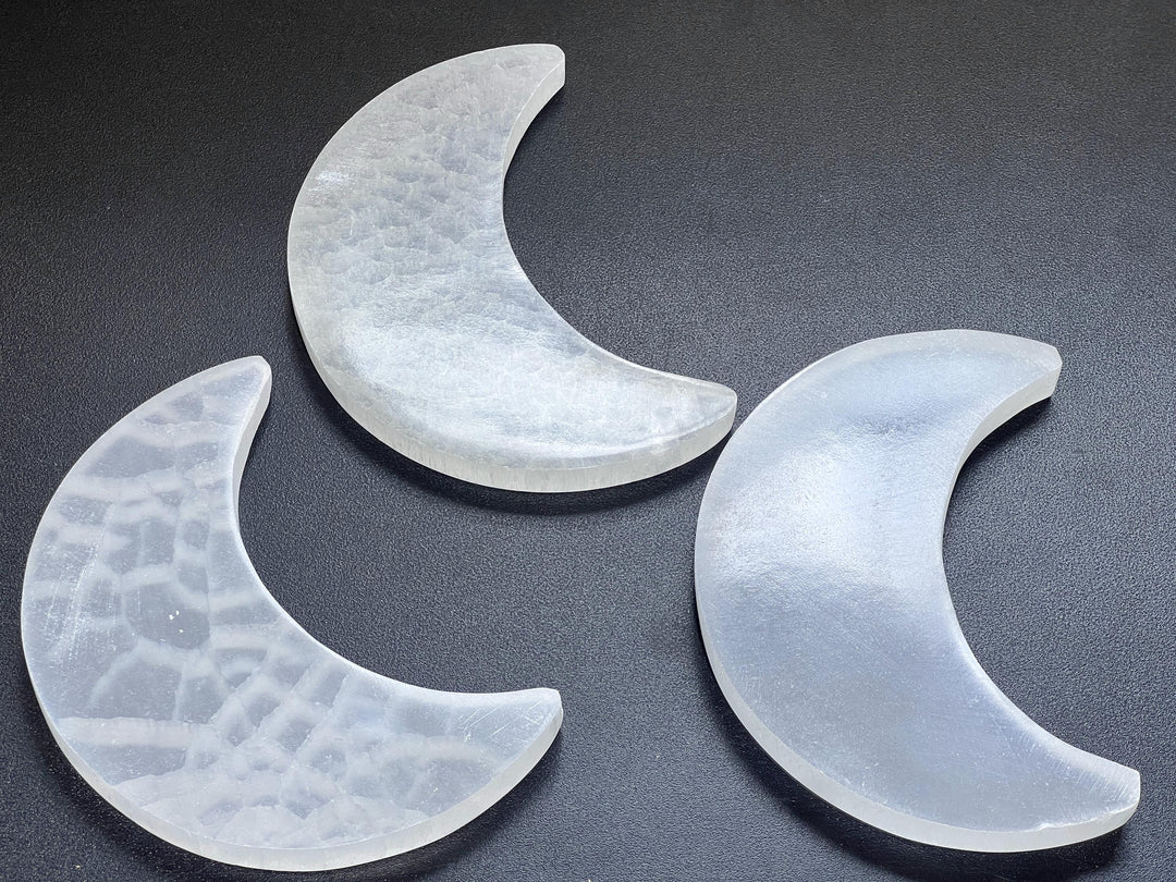 Selenite Satin Spar Crystal Crescent Moon Plate Carving (6 Inches)