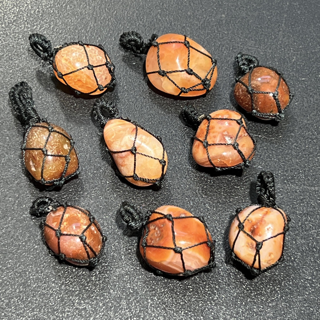 Red Carnelian Agate Crystal Pendant (Fish Net Wrap)