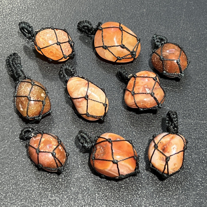 Red Carnelian Agate Crystal Pendant (Fish Net Wrap)