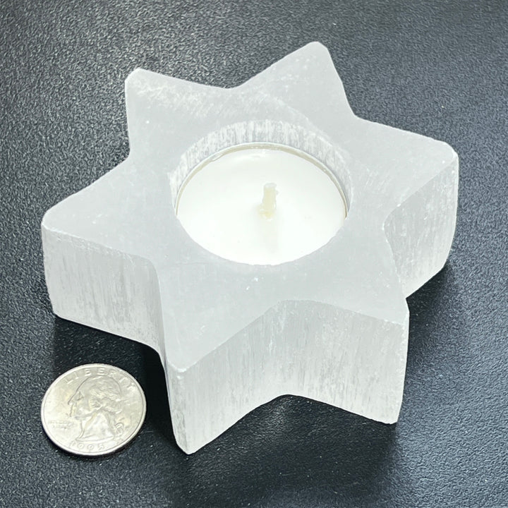 Selenite Satin Spar Crystal Star Tealight Candle Carving