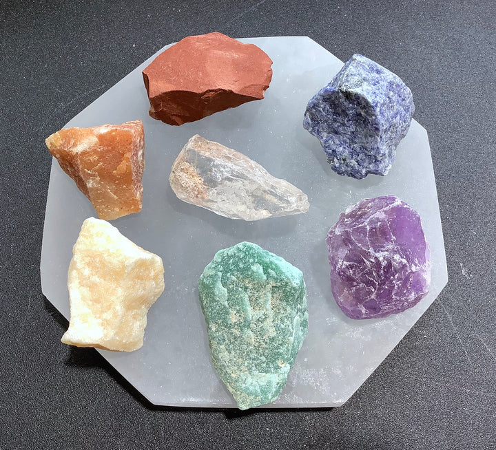 7 Stone Chakra Set w/ Selenite Charging Plate Octagon Reiki 7 Gemstones Healing Crystals and Stones