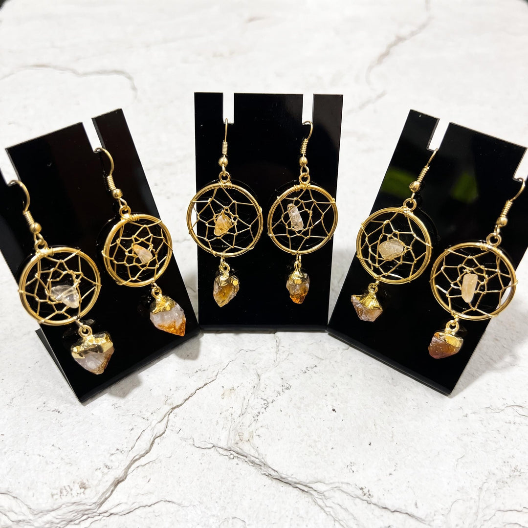 DreamCatcher Earrings Pair (Citrine Crystal)(Gold Plated)(Stainless Steel Hooks)