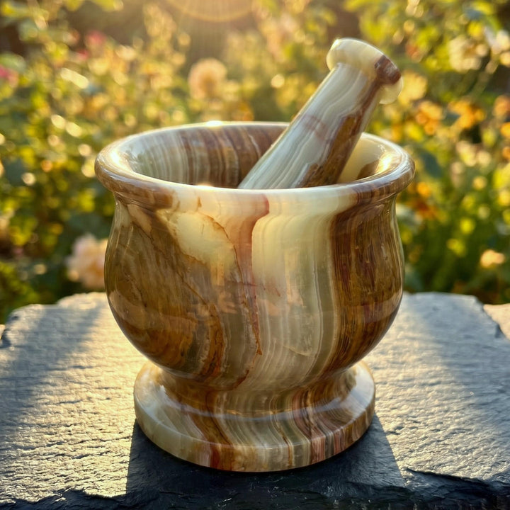 Banded Calcite Mortar and Pestle Set Genuine Natural Stone Carving