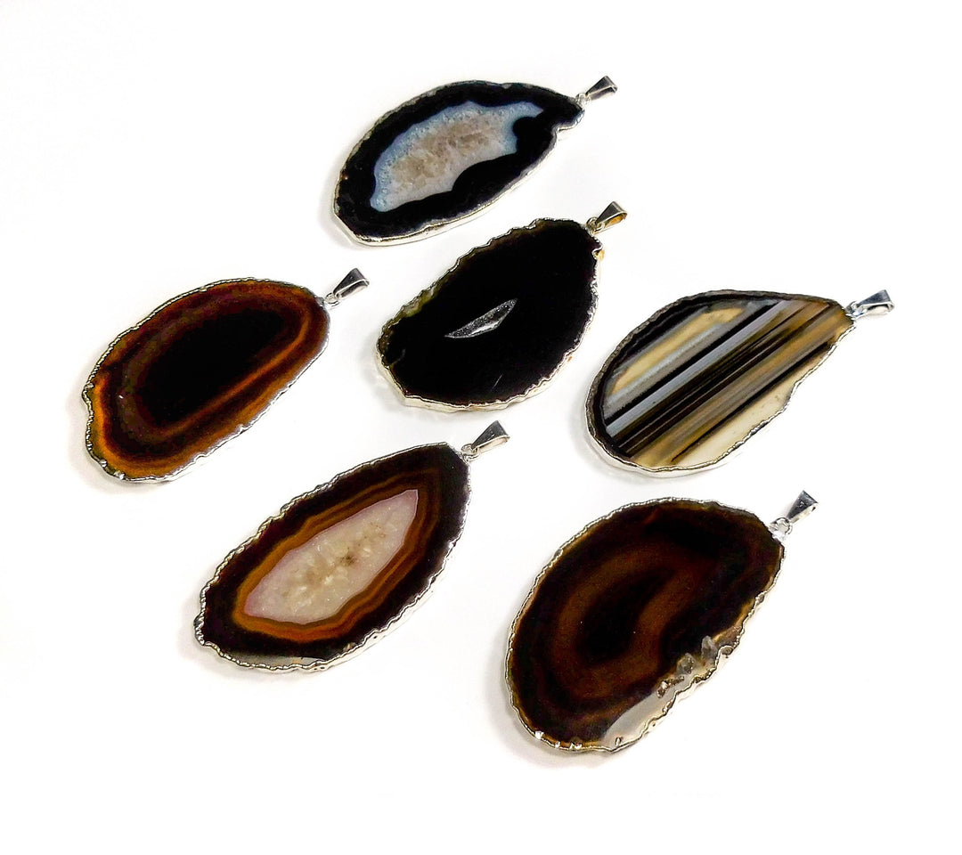 Agate Slice Pendants (Black / Brown)(Silver Edges) Wholesale