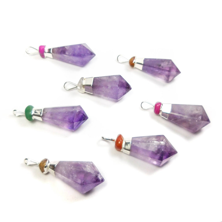 Amethyst Necklace Pendant - Purple Faceted Crystal Point with Tumbled Gemstone Chip - Silver