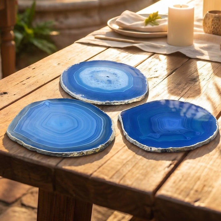 Blue Agate Slice Coasters Silver Dipped Plated Edges Place Cards
