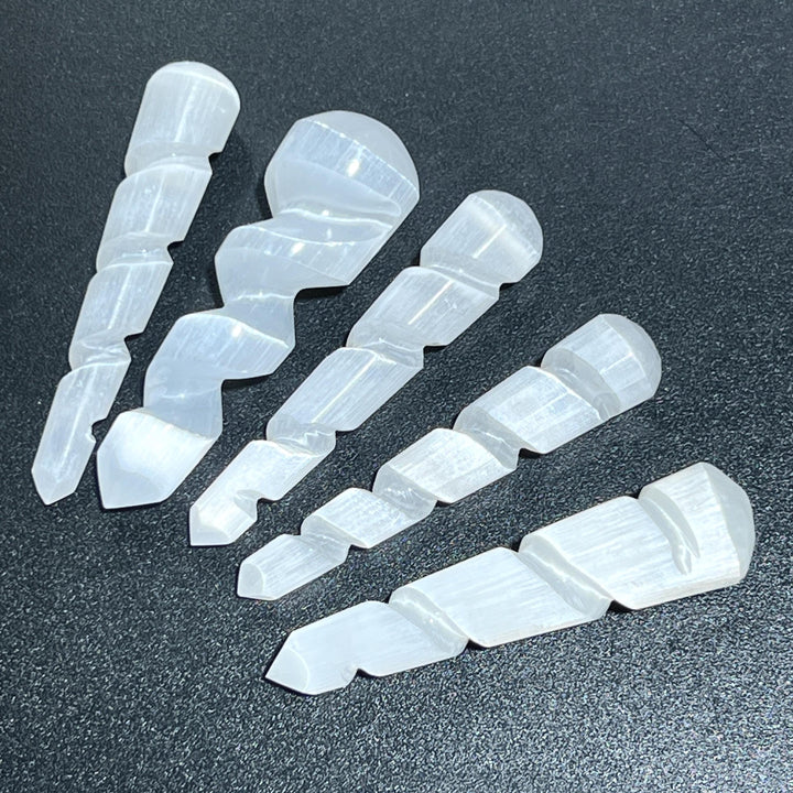 Selenite Satin Spar Crystal Spiral Unicorn Wand Carving