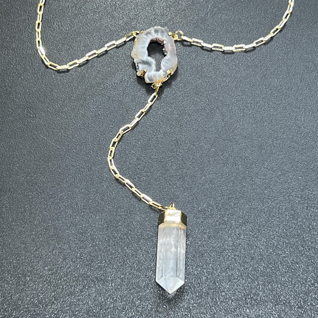 Quartz and Oco Geode Extra Long Lariat Y Drop Necklace Pendant (Gold Plated)