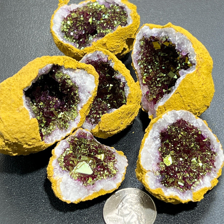 Matching Broken Quartz Aura Crystal Rough Geode Pairs with Metallic Flash Coating