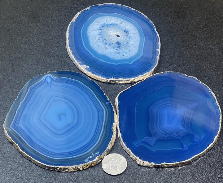 Blue Agate Slice Coasters Silver Dipped Plated Edges Place Cards