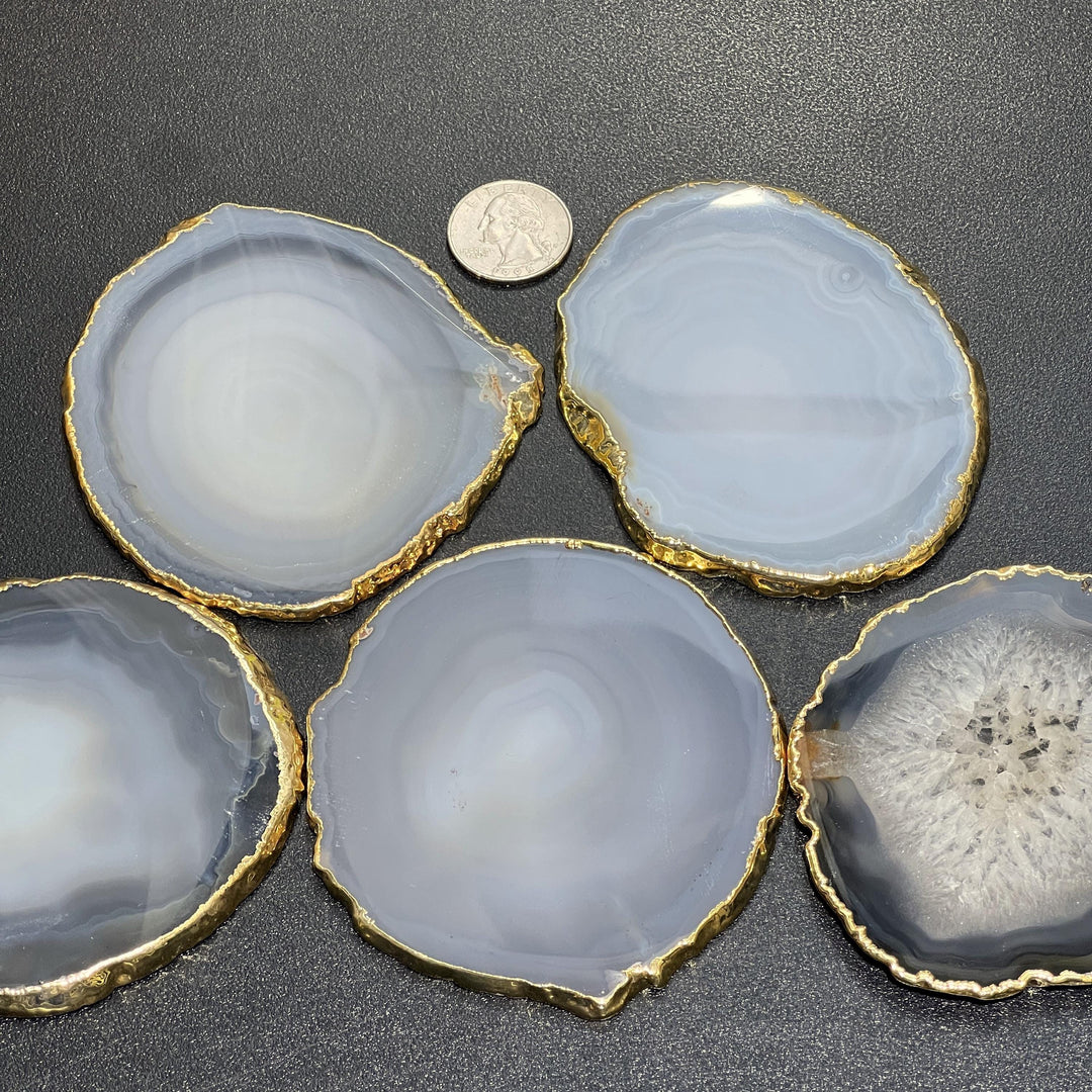 Gold Plated Gray Agate Slices (3 Inches) Coasters Escort Place Cards Painting Blanks