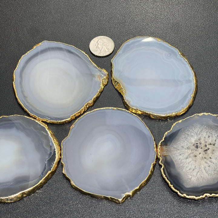 Gold Plated Gray Agate Slices (3 Inches) Coasters Escort Place Cards Painting Blanks