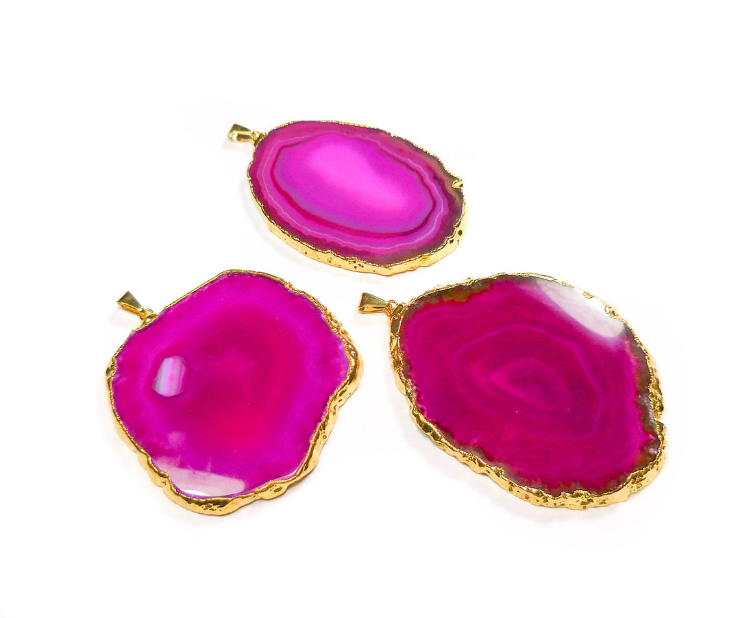 Large Pink Agate Slice Pendant Gold Plated XL Necklace Charm Healing Crystals And Stones
