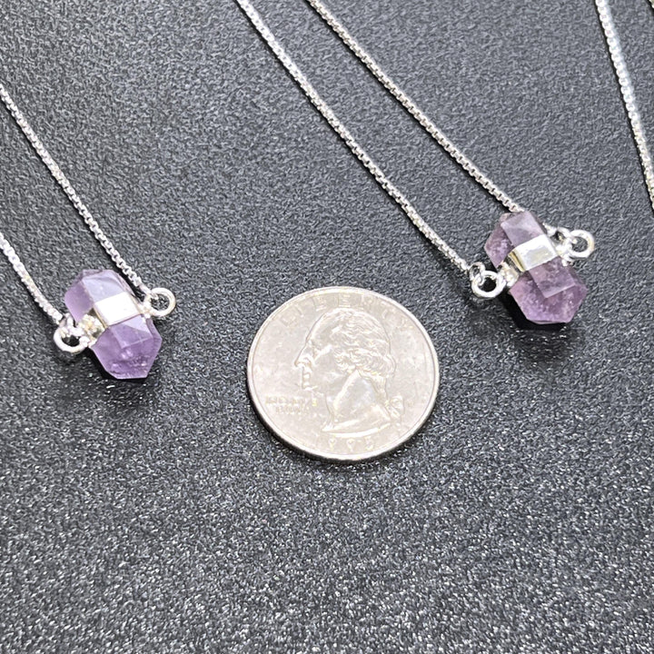 Amethyst Crystal Petite Double Terminated Point Pendant Necklace (16 Inch Silver Plated Chain)