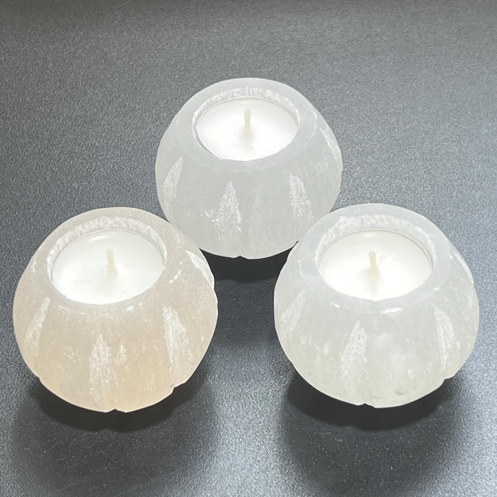 Selenite Satin Spar Crystal Fluted Sphere Tealight Candle Carving