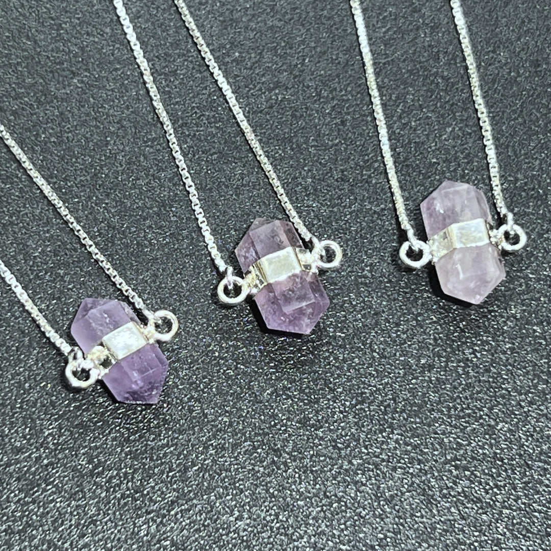 Amethyst Crystal Petite Double Terminated Point Pendant Necklace (16 Inch Silver Plated Chain)