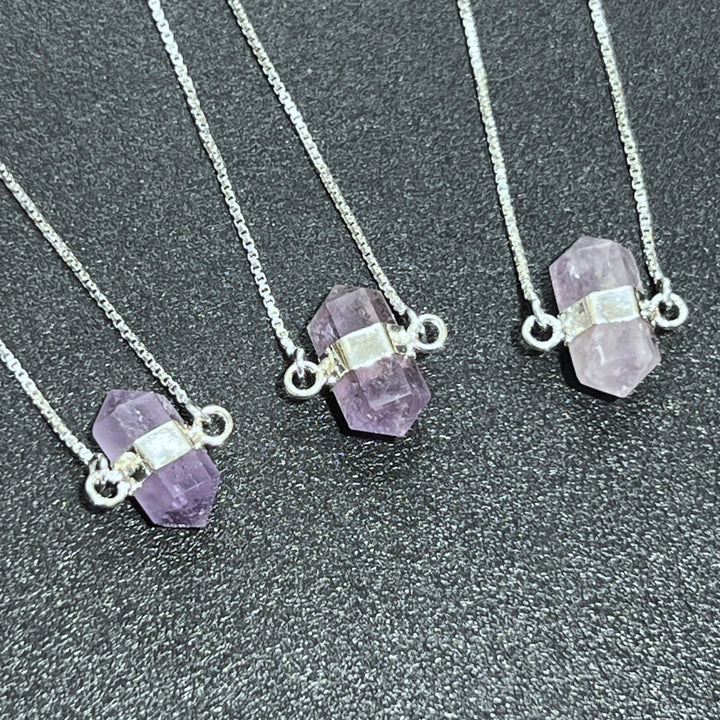 Amethyst Crystal Petite Double Terminated Point Pendant Necklace (16 Inch Silver Plated Chain)