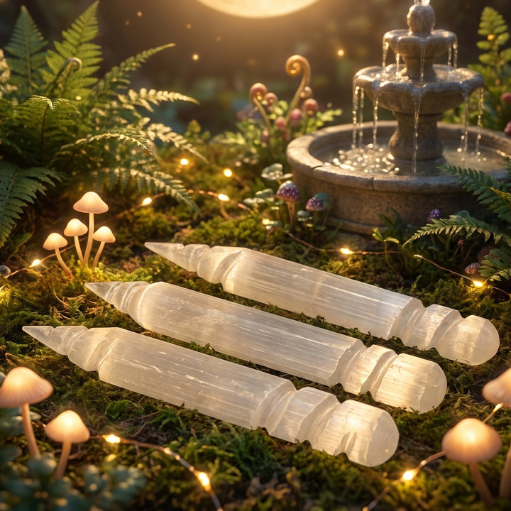 Selenite Satin Spar Crystal Wand Spiral Point Carving (6 Inches)