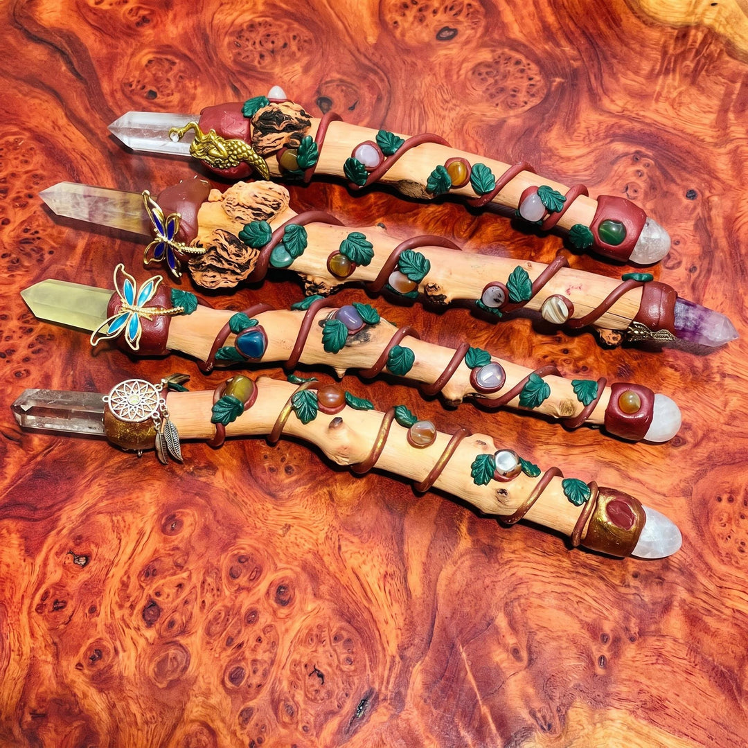 Long Crystal Point Wand Staff Wood Stick Branch Decor Carving